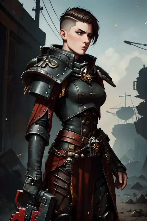 Warhammer 40k Setting: A h young female soldier with very short dark-brown undercut. Shaved sides. Tomboyish. Androgynous. Slim. Wide hips. Long thick legs. Extremly pale skin with liverspots. A narrow soft face. Round chin. Curved lips. A long and wide no...