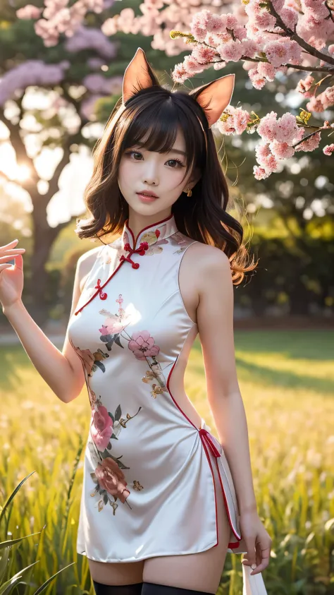 ① "A kawaii reimagining of Zhu Bajie as an adorable moe character, caught in the act of gracefully dancing in a mystical meadow bathed in a golden sunset glow. Her upper body is adorned with playful pig ears and a sleek, form-fitting red and gold cheongsam...