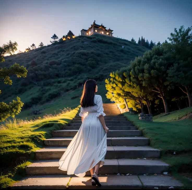 8K quality, Masterpiece,  bright artistic dusk lighting,  super real ,  high chroma, Ancient fortified city landscape pictures,  forest, High ground, (Back view on stairs :1.3), (Ass:1.2), White clothes