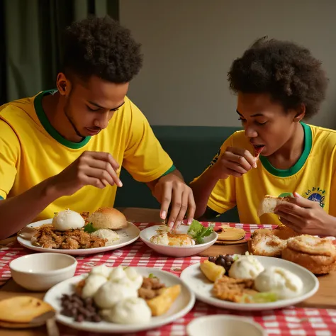  Neymar and Davi Luiz from the Brazilian national team together with another realism , Neymar and Davi are sitting at a table eating ,  the table is full of food and just the two of them are sitting ,  and looking at the table there are a lot of ren crying...