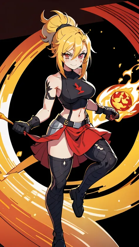 she is back, insane smile,(masterpiece, best quality:1.2), red glowing eyes, red eyes, the eyes are red, perfect face, strong make up, highres, 1 girl, ultra long ponytail, (female:1.5), strife, blonde hair streaked with lots of red highlights, two colors ...