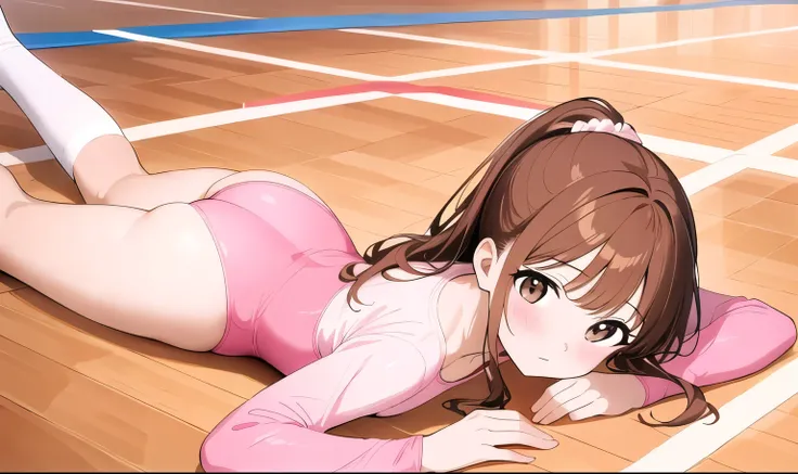 a cartoon girl laying on a floor wearing a pink and white shorts outfit, 1girl, solo, leotard, brown hair, pink leotard, athleti...