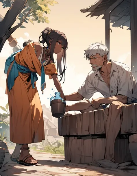 A black granddaughter gives a drink to a thirsty man in an clay pot 