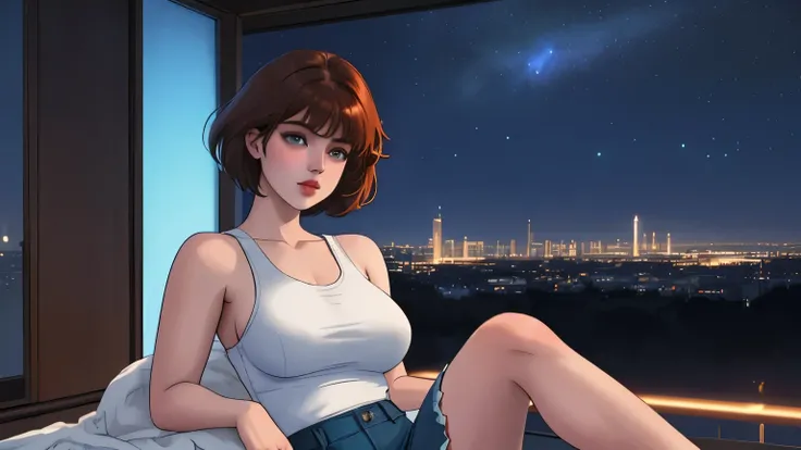 A Young girl short auburn hair with big breasts sits with her legs stretched out, taking a realistic photo, with short auburn hair sits on the edge of a rooftop at night, gazing out over a quiet cityscape illuminated by distant city lights. She is wearing ...