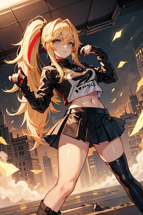 Lady, young woman, long side bangs, long flowing ponytail, blonde with red highlights on hair, wasteland outfit, lovely pose, thick eyelashes, idol, black skirt, black n white t shirt, fingerless gloves, futuristic adornments 