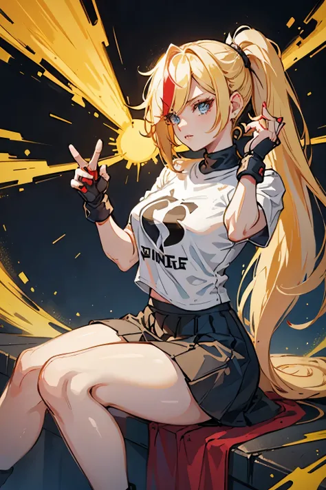 Lady, young woman, long side bangs, long flowing ponytail, blonde with red highlights on hair, wasteland outfit, lovely pose, thick eyelashes, idol, black skirt, black n white t shirt, fingerless gloves, futuristic adornments 