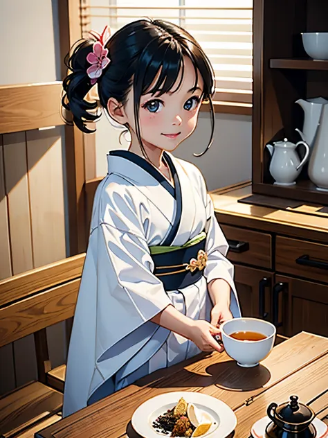  best quality,  high definition ,  very detailed, Anatomical, Exact ratio, 1 girl,  little young girl looking at tea utensils，Round face, smile， HEALTHY SKIN,  Glowing Skin,  Glowing Skin,  black hair,   full body shot , Short kimono、茶道具を見る，