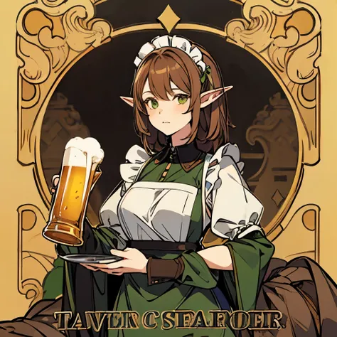 ((Elf)), 35 years old, tall girl, tavern keeper, brown hair, maid clothing, color mood green yellow brown, holding beer