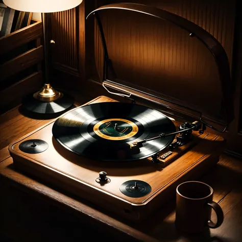 A breathtakingly realistic vintage mahogany record player is the centerpiece of this image, its intricate brass dials and finely carved wood details drawing the eye immediately. The polished surface reflects warm, soft light from a vintage lamp nearby, cre...