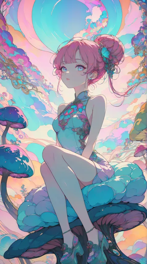 1 asian girl, beautiful 18 year old girl, pink hair in a bun, bare shoulders, sitting on a giant mushroom, elegant, chic, modern, fashionable, muted colors, soft lighting, art nouveau, psychedelic anime style, colorful, trippy, (best quality,4k,8k,highres,...