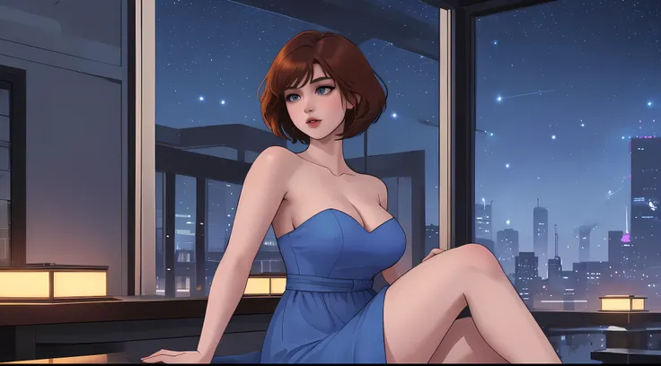 A Young girl short auburn hair with big breasts sits with her legs stretched out, taking a realistic photo, with short auburn hair sits on the edge of a rooftop at night, gazing out over a quiet cityscape illuminated by distant city lights. She is wearing ...