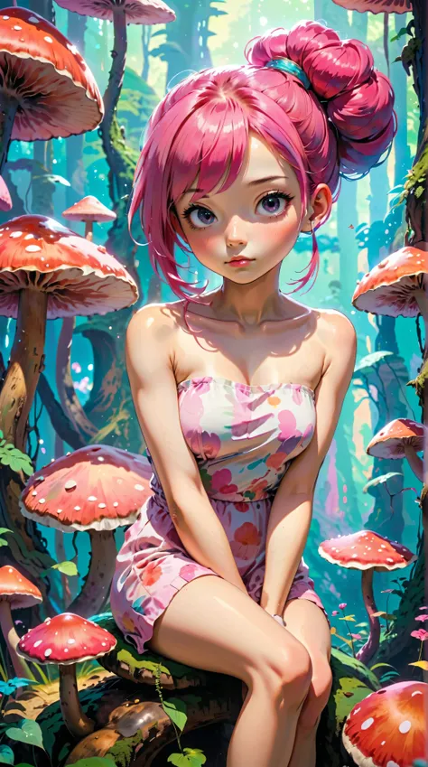 1 asian girl, beautiful 18 year old girl, pink hair in a bun, bare shoulders, sitting on a giant mushroom, elegant, chic, modern, fashionable, muted colors, soft lighting, art nouveau, psychedelic anime style, colorful, trippy, (best quality,4k,8k,highres,...