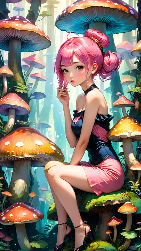 1 asian girl, beautiful 18 year old girl, pink hair in a bun, bare shoulders, sitting on a giant mushroom, elegant, chic, modern, fashionable, muted colors, soft lighting, art nouveau, psychedelic anime style, colorful, trippy, (best quality,4k,8k,highres,...