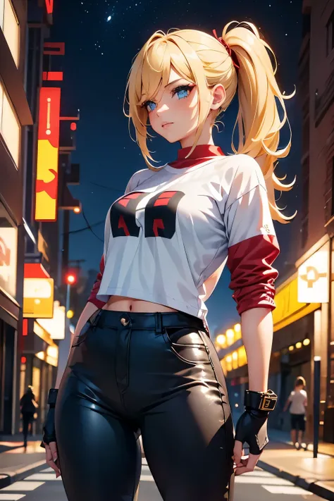 Lady, young woman, girl, long side bangs, long flowing ponytail, blonde with red highlights on hair, red stripes on hair, wasteland outfit, thick eyelashes, ultra detailed face, idol, black pants, black n white t shirt, streets adornments, black boots, fin...