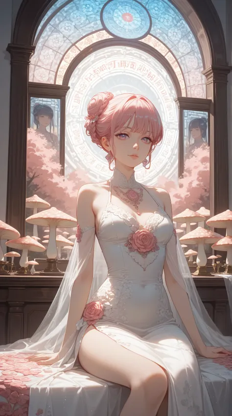 1 asian girl, beautiful 18 year old girl, pink hair in a bun, bare shoulders, sitting on a giant mushroom, elegant, chic, modern, fashionable, muted colors, soft lighting, art nouveau, psychedelic anime style, colorful, trippy, (best quality,4k,8k,highres,...