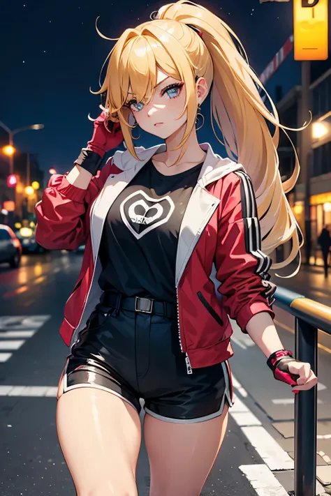 girl, long side bangs, long flowing ponytail, blonde with red highlights on hair, red stripes on hair, wasteland outfit, thick eyelashes, ultra detailed face, idol, black shorts, pink jacket, black n white t shirt, streets adornments, black sneakers, finge...