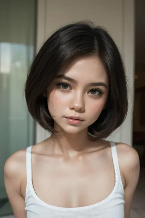 Gadis kecil very short black hair bogel, half body portrait. Highly detailed quality, naked flat breasts.