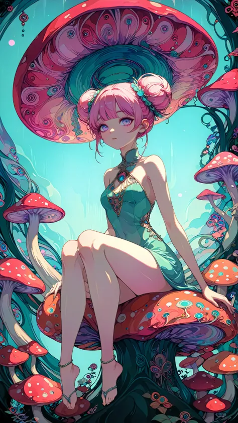 1 asian girl, beautiful 18 year old girl, pink hair in a bun, bare shoulders, sitting on a giant mushroom, elegant, chic, modern, fashionable, muted colors, soft lighting, art nouveau, psychedelic anime style, colorful, trippy, (best quality,4k,8k,highres,...