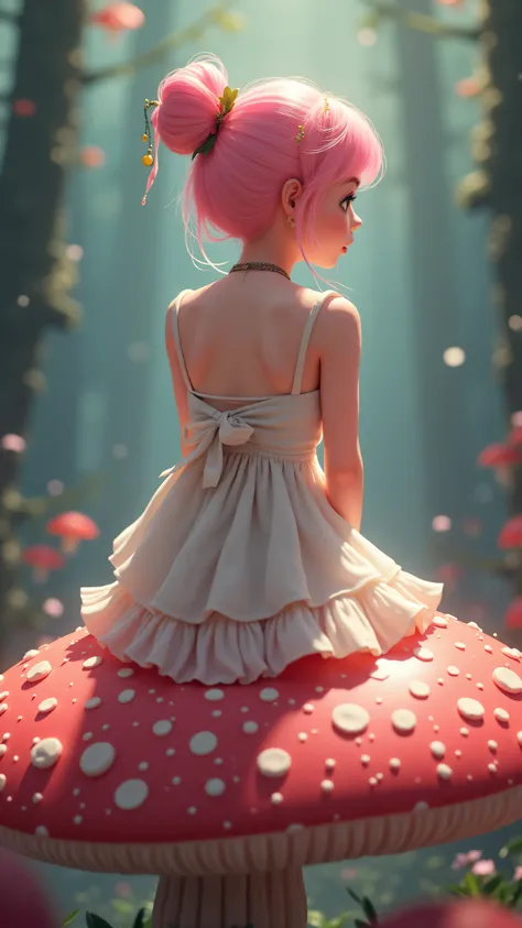 1 asian girl, beautiful 18 year old girl, pink hair in a bun, bare shoulders, sitting on a giant mushroom, elegant, chic, modern, fashionable, muted colors, soft lighting, art nouveau, psychedelic anime style, colorful, trippy, (best quality,4k,8k,highres,...