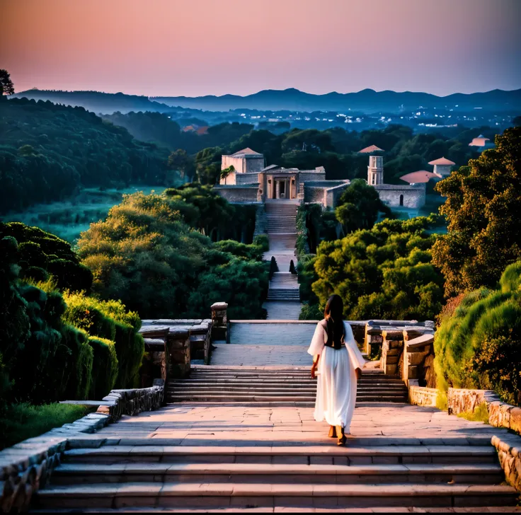 8K quality, Masterpiece,  bright artistic dusk lighting,  super real ,  high chroma, Ancient fortified city landscape pictures,  forest, High ground, (Back view on stairs :1.3), (Ass:1.2), White clothes