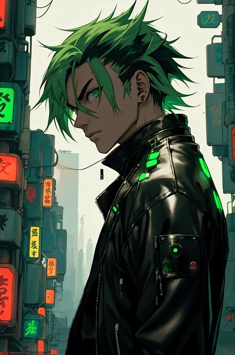 man, japanese, strong, cyberpunk, white skin, green hair, green eyes, black leather jacket, futuristic city background