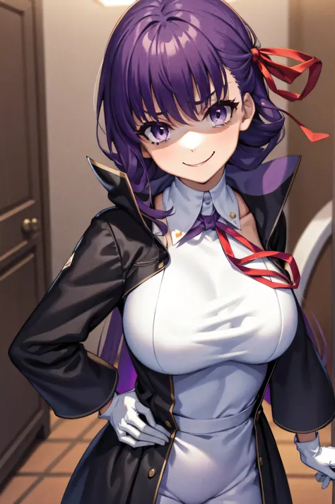 isoscale, mid shot,  night, ,,, purple hair, black jacket, , red ribbon, big breasts, purple eyes, white gloves, long hair, larg...