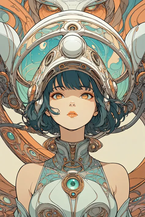 ((best quality)), ((masterpiece)), (detailed), perfect face, asian girl, surreal, art nouveau, in the illustrative style of moebius, spaceships, aliens, fantasy, sci-fi, graphic novel, line drawing, french retro, 