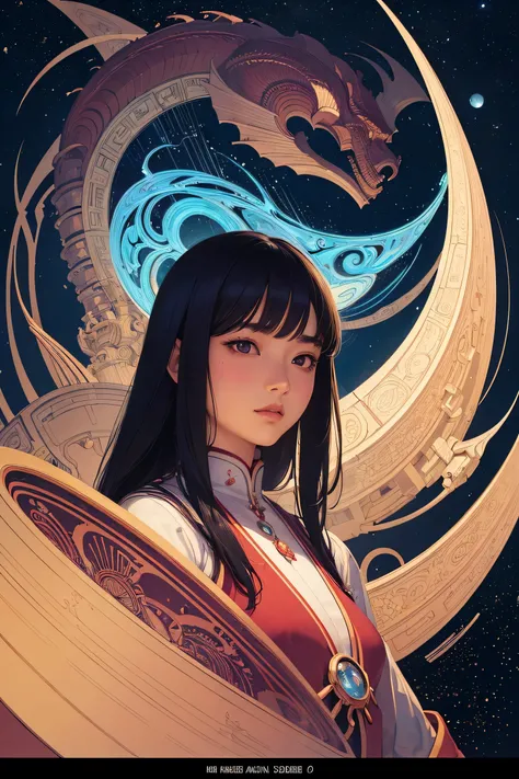 ((best quality)), ((masterpiece)), (detailed), perfect face, asian girl, surreal, art nouveau, in the illustrative style of moebius, spaceships, aliens, fantasy, sci-fi, graphic novel, line drawing, french retro, 