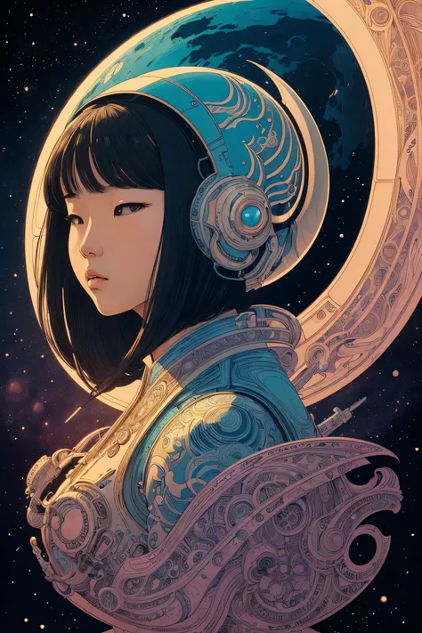 ((best quality)), ((masterpiece)), (detailed), perfect face, asian girl, surreal, art nouveau, in the illustrative style of moebius, spaceships, aliens, fantasy, sci-fi, graphic novel, line drawing, french retro, 