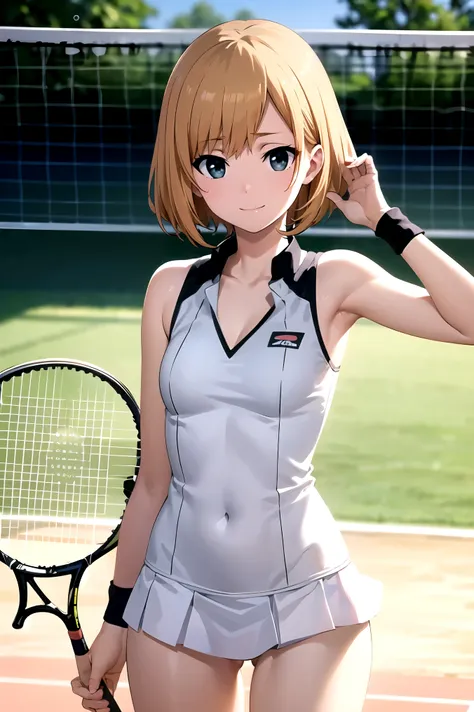 (cowboy shot), Aoi Miyamori, (White tennis wear:1.3), (Playing tennis:1.3), (wind lift:1.3), (show off panties:1.1), (smile), ( smaller breasts:1.1), ( cleavage:1.2), (blush:1.2), ( embarrassed :1.2), (Red cheeks:1.2), ( tennis court :1.2),  score_9,  scor...