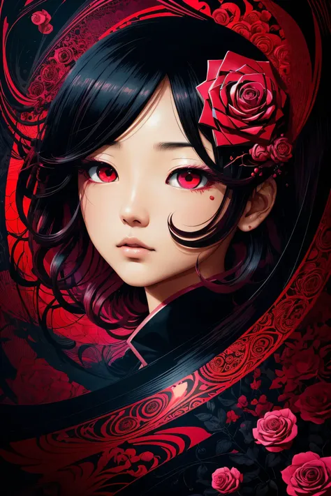 (abstract art:1.2), fractal art, psychedelic art, (style of Yuko Shimizu:1.1), red theme, dark theme, 1 asian girl, roses, hair ornament, somber expression, dark blue accent, masterpiece, best quality, ultra high res, award-winning art, highly detailed, be...