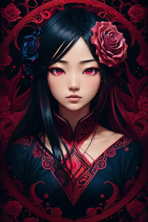 (abstract art:1.2), fractal art, psychedelic art, (style of Yuko Shimizu:1.1), red theme, dark theme, 1 asian girl, roses, hair ornament, somber expression, dark blue accent, masterpiece, best quality, ultra high res, award-winning art, highly detailed, be...