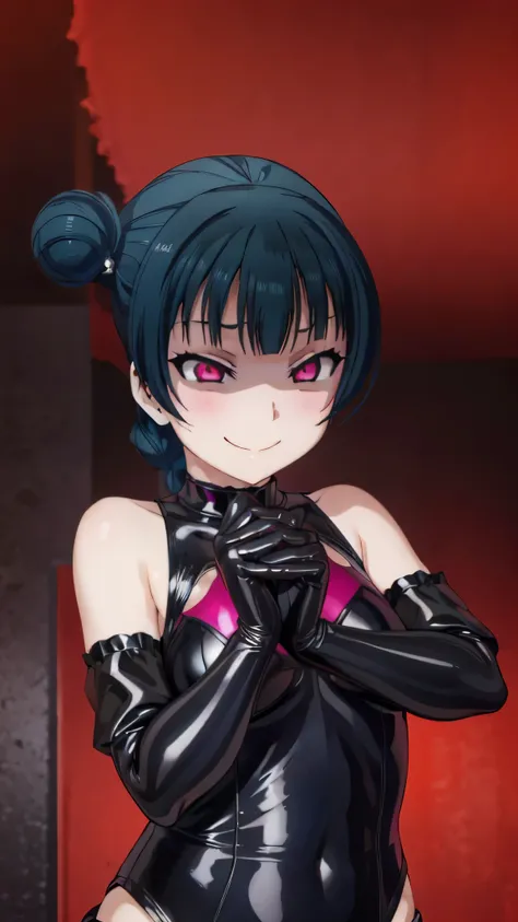 night、lovelive Black Background、Evil background、、Sensual dark light、A shiny black rubber suit that wraps around the body、tall、Upper Body、adult、、Alone、Navy blue hair twin tail drill Volumie、Upper Body、Evil female warrior、Fantasy、Condescending smile、Fallen i...