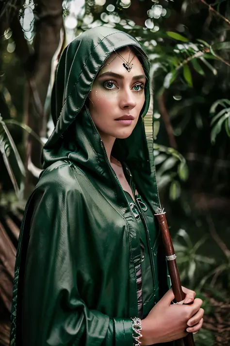 Ethereal elven archer, luminous emerald eyes beneath forest-green hood, ancient silver-threaded cloak billowing in twilight breeze. Ornate wooden longbow adorned with moonlit runes. Hyper-realistic details capture dewdrops on pointed ears and leather quive...