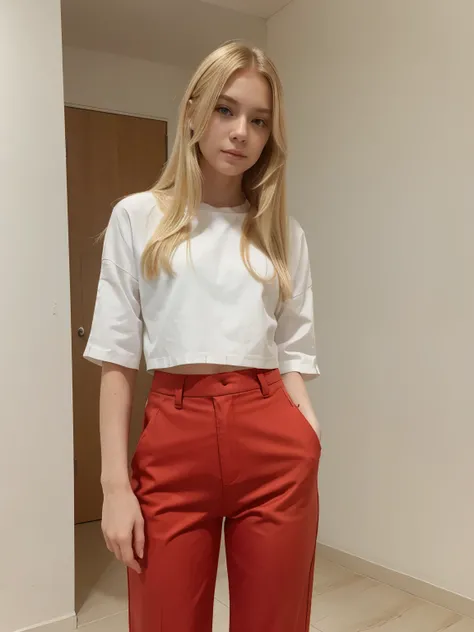 Girl White Skin , Blonde Hair, Straight Hair , Sentada num calçada , with Pants and Red Cropped  Small 