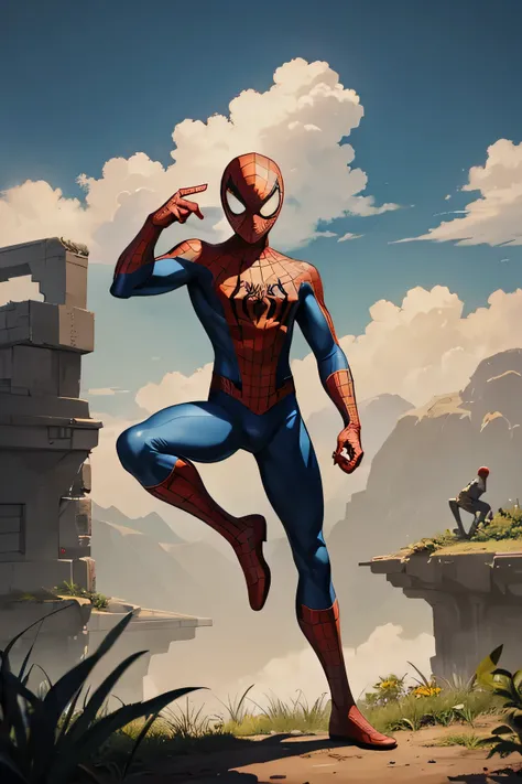  a Spiderman standing on one foot, Art Novoeau style animated style with a sky background with plants but anime style with sepia tones