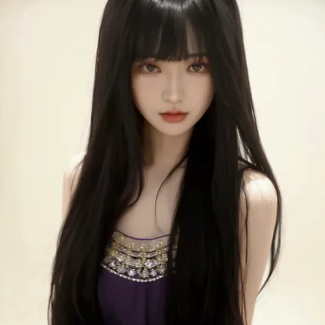 a close up of a woman with long hair wearing a purple dress, asian girl with long hair, long thin black hair, long dark hair with bangs, light dark long hair. apathetic, long hair with full bangs, black hime cut hair, long straight bangs, long black hair w...