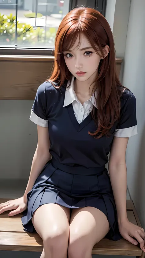 A beautiful redheaded girl, serious expression, wearing school uniform, school environment, sitting on a bench in school hallway, (best quality,4k,8k,highres,masterpiece:1.2),ultra-detailed,(realistic,photorealistic,photo-realistic:1.37),1girl,redhead,seri...