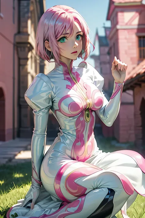 perfect anatomy　 best quality, highest resolution,(((white shiny latex dress　green eyes　 pink hair　small breasts)))　estellise　[b...