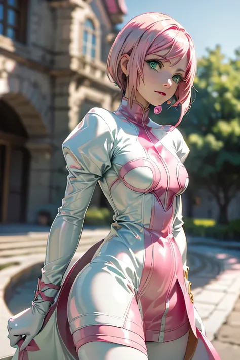 perfect anatomy　 best quality, highest resolution,(((white shiny latex dress　latex skirt　green eyes　 pink hair　small breasts)))　...