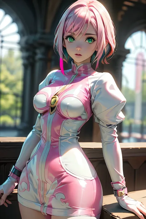  perfect anatomy　 best quality, highest resolution,(((white shiny latex dress　Latex skirt　Green Eyes　 pink hair　small breasts)))　Estellise　[blurry]　16k　Castle