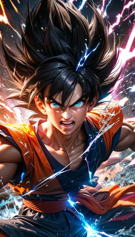 High quality, ultra realistic,absurdres, highres, ultra detailed, HDR, masterpiece, extremely detailed face and eyes, long black haired ,, goku, black hair , , solo, ,man, handsome, ,, , Epic fight scene, cool colorful splashing effect,epic colorful lig...