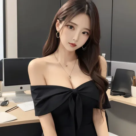 secretary, bowed, off shoulder office dress, long tangled hair, necklace, breast exposed, v-neck, knot, long ties, leaned over