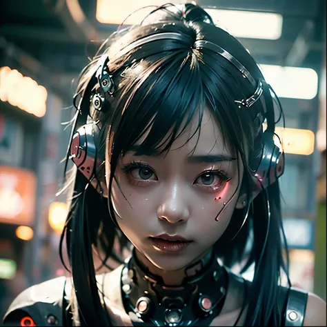 Design a striking cyberpunk-inspired image of a mysterious character, wearing an intricate Oni mask, immersed in the world of music through headphones. The dark background should be illuminated by vibrant cyberpunk neon lights, casting an otherworldly glow...