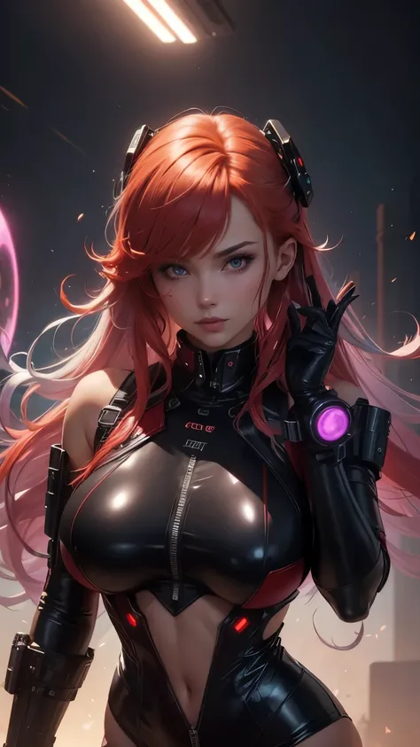 red-haired, sci-fi, futuristic hair, magnetic gaze, Holographic accessories, vestimenta black latex high-tech, Advanced weaponry, big round breasts, Mysterious Aura, cosmic colors, futuristic lighting effects, Technological Fund.