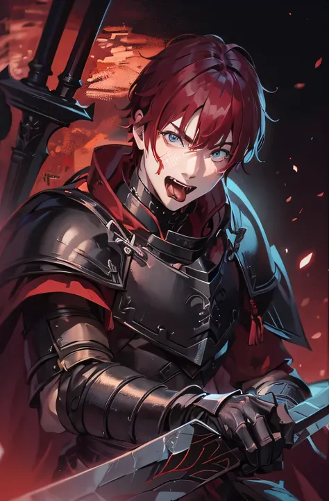 male warrior 、 black armor、young、whole body、upright、Red Hair、 tongue、An expression that looks down on people、Vulgar laughter、Dark circles under the eyes、Vero、evil