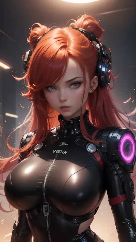 red-haired, sci-fi, futuristic hair, magnetic gaze, Holographic accessories, vestimenta black latex high-tech, Advanced weaponry, big round breasts, Mysterious Aura, cosmic colors, futuristic lighting effects, Technological Fund.