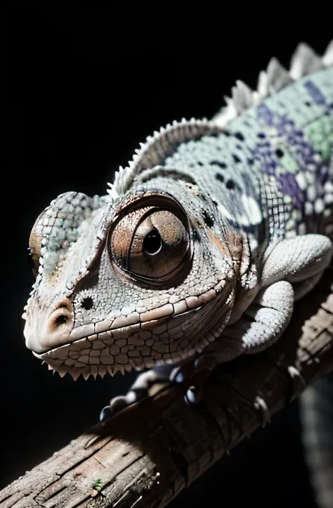 Ultra-realistic black and white photograph of a chameleon, captured with a 4K Canon camera. The chameleon is perched on a textured branch, its intricate skin patterns and scales clearly visible in fine detail. The image is sharp and well-lit, showcasing a ...