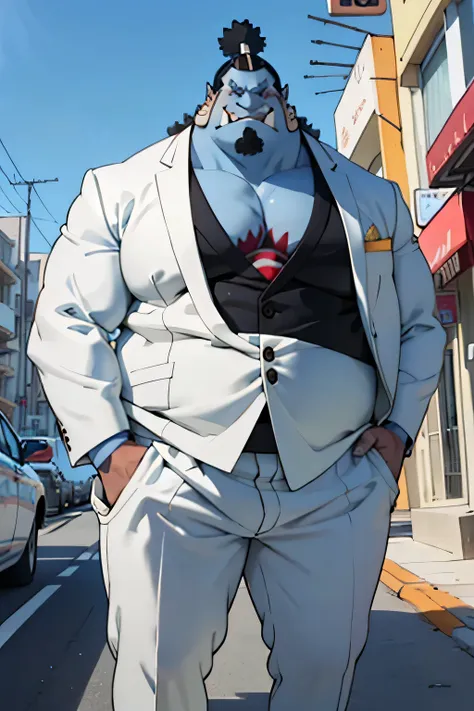 chubby man (jinbei) in street and wearing black suits, smile, blue skin, muscular, pectoral, wide pectoral, beach, palm, realist...