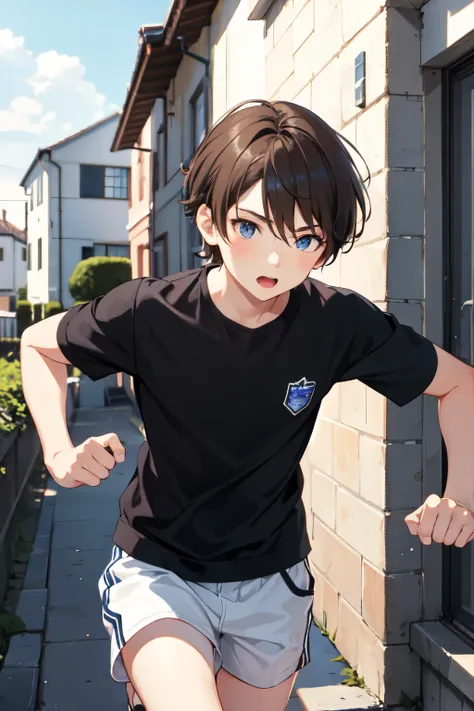   boy with short brown hair, Running into the house 